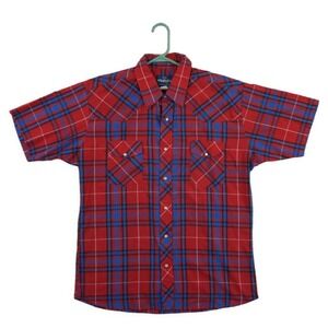 Wrangler Shirt Men's Size XL Red Blue Plaid Western Pearl Snap Short Sleeve